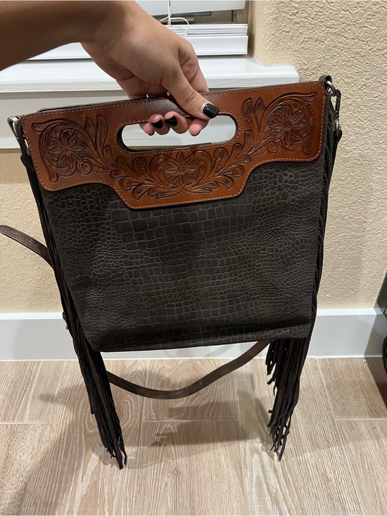 Shyanne Handbags - Hand-Tooled Brown and Tan Fringe Crossbody Tote